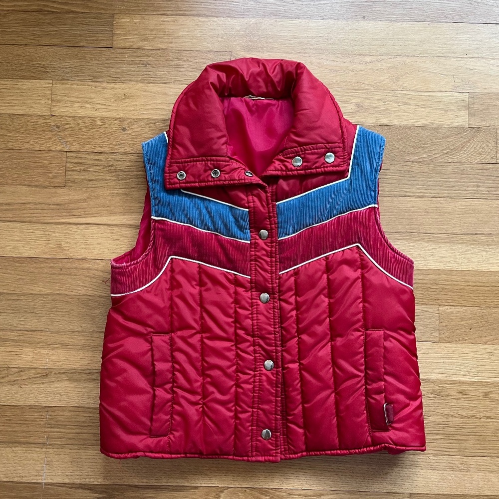 Vintage 70s Retro Ski Puffer Vest Red Blue Colorblock Corduroy Trim S/M